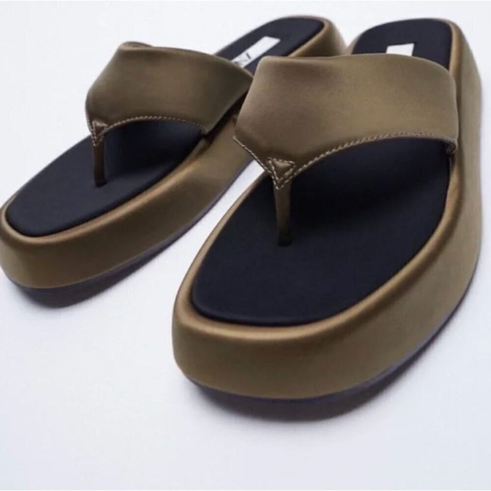 Zara Satin Effect Low Heel Platform Sandals Green Khaki Size EU 36 Minimalist - Picture 2 of 9